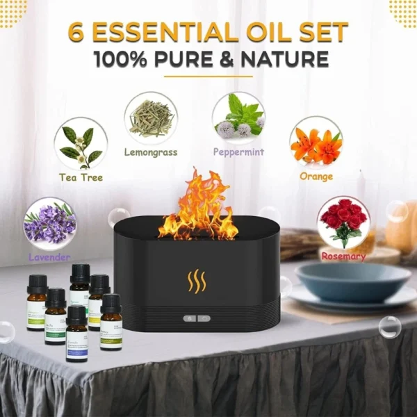 LEOM Flame Essential Oil Diffuser + 6 Essential Oils (Black) - Image 2